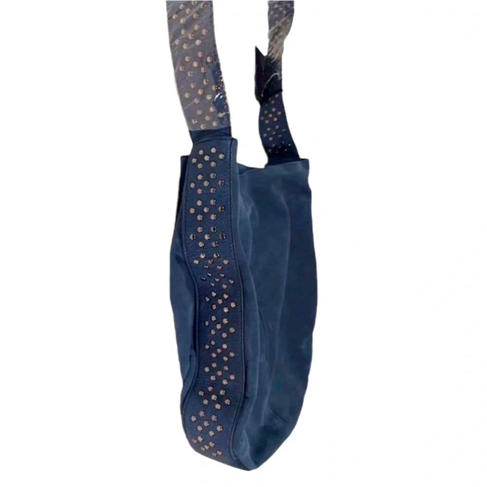 Leather Hobo Bag In Blue with Studded Strap
